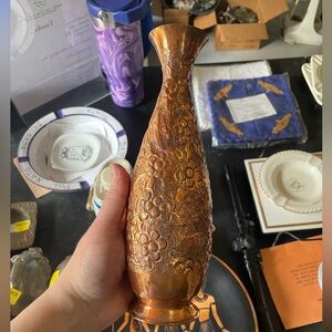 Vintage embossed floral bird copper metal vase